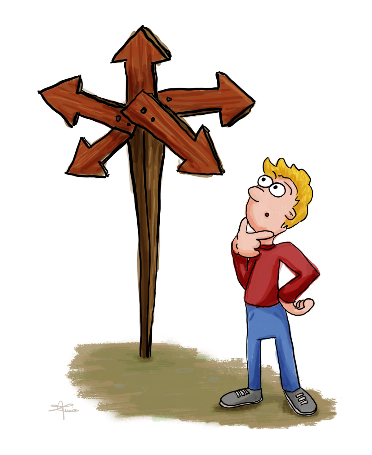 illustration of confused person scratching chin looking at a wooden sign with 5 arrows pointing in all different directions