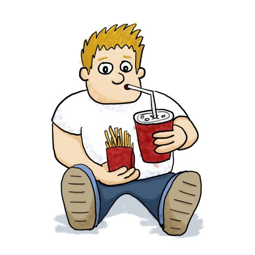 Illustration of moderately obese guy drinking soda from a straw holding french fries.
